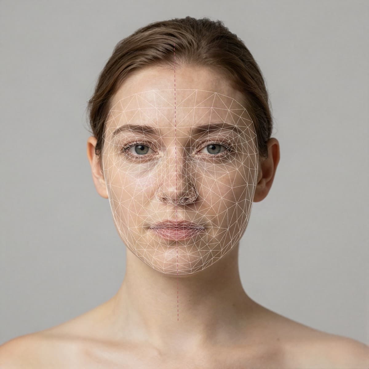 A front-facing studio portrait with the 478-point measurement mesh drawn over the face, and the dashed vertical centre line the symmetry pass measures against.